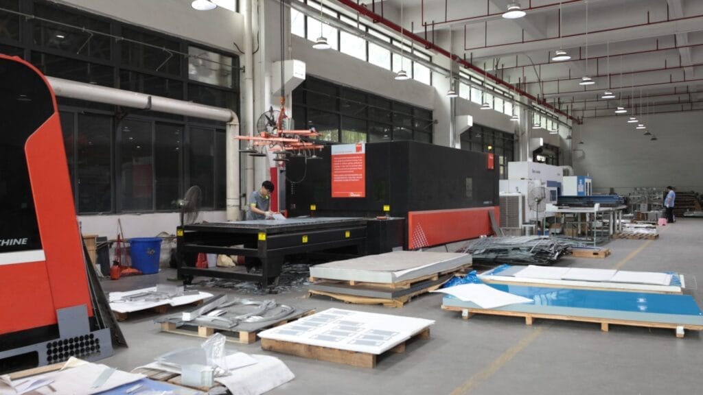 amada fiber laser cutting factory floor panoramic workers