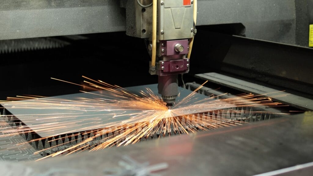 fiber laser cutting steel sheet sparks burst action